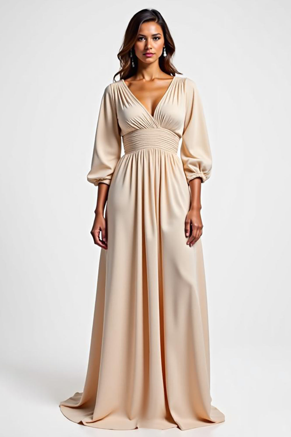 V-Neck A Line Champagne Ruched Long Formal Dress