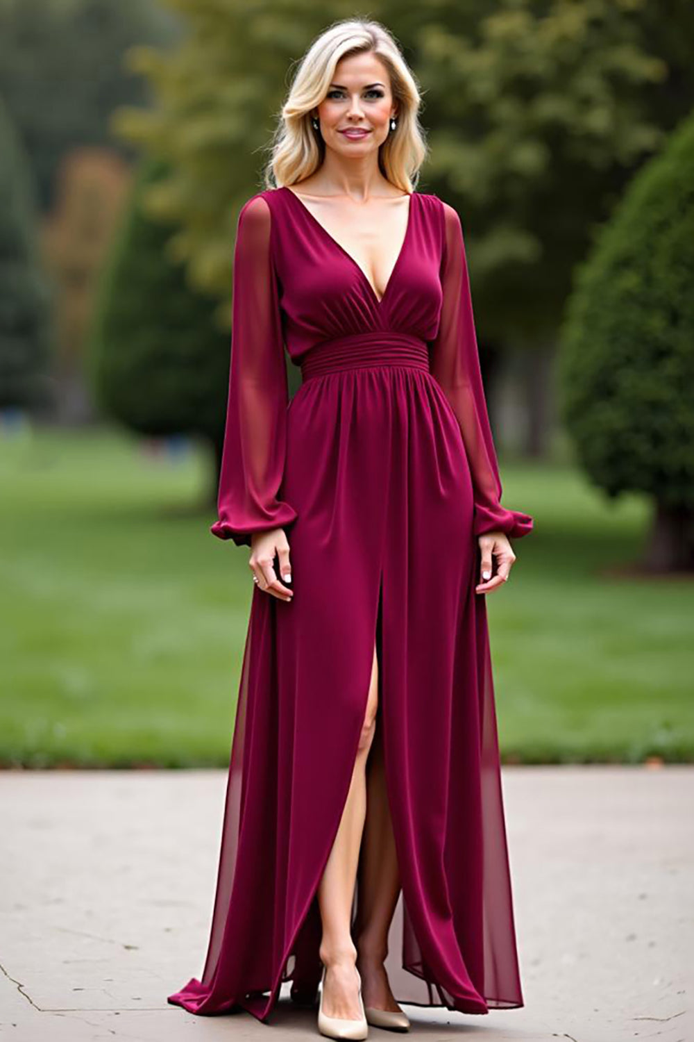 Backless Long Burgundy V-Neck Chiffon Formal Dress with Slit