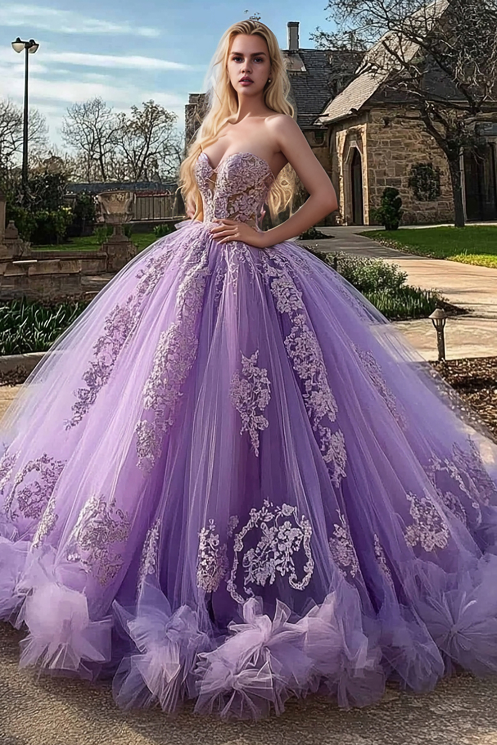 Plum Sweetheart Princess Tulle Quinceanera Dress with Appliques