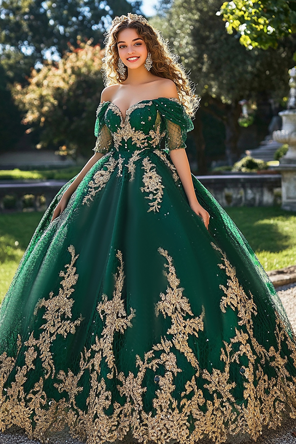 Glitter Dark Green Off the Shoulder Princess Appliqued Tulle Quinceanera Dress