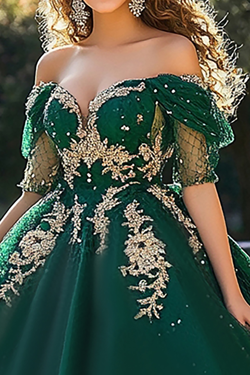 Glitter Dark Green Off the Shoulder Princess Appliqued Tulle Quinceanera Dress