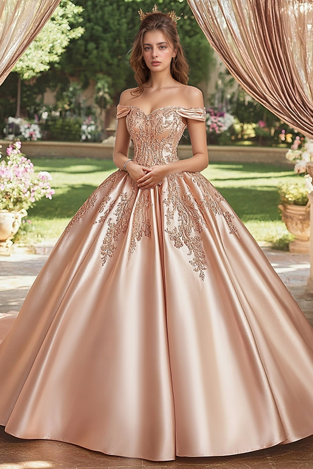Blush Off the Shoulder Princess Satin Quinceanera Dress with Appliques