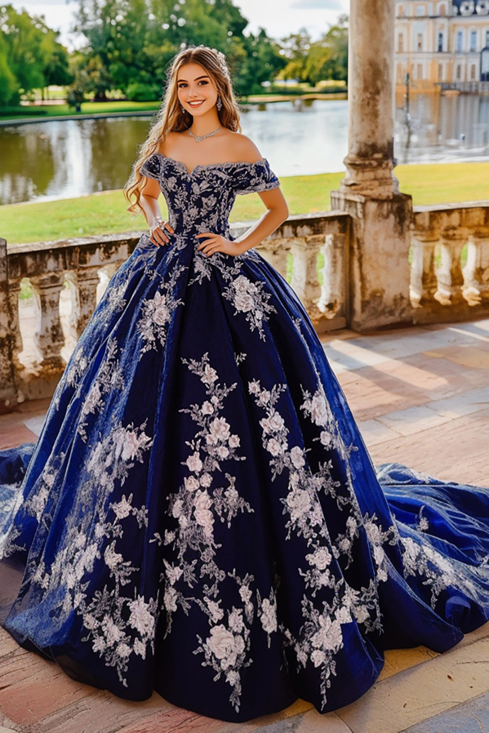 Navy Off the Shoulder Princess Tulle Quinceanera Dress with Flower Appliques