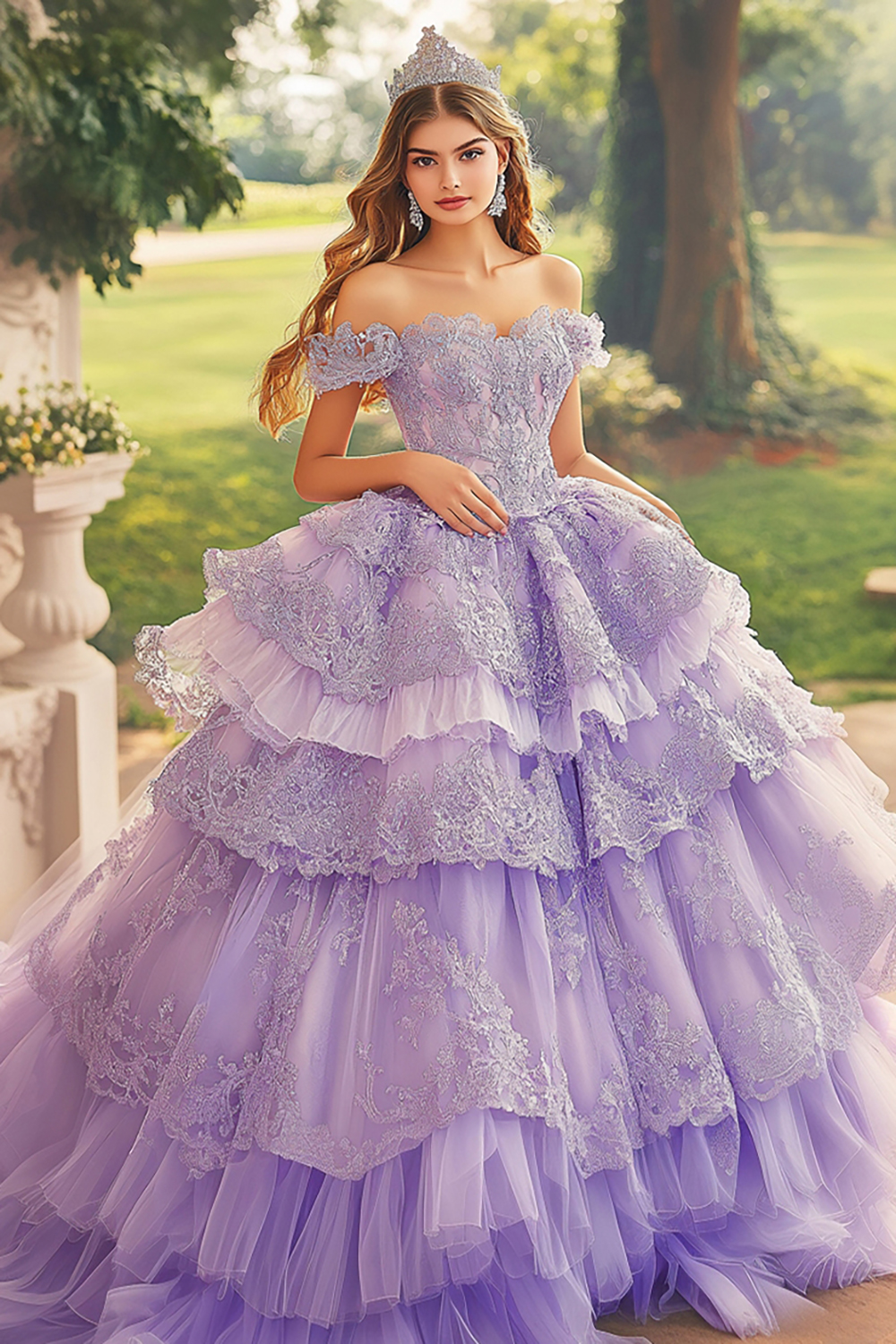 Lilac Off the Shoulder Ball Gown Tulle Tiered Quinceanera Dress with Appliques