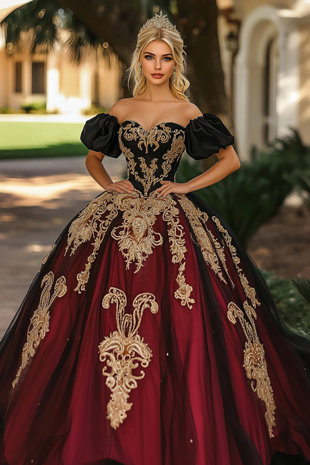 Black and Burgundy Off the Shoulder Ball Gown Organza Quinceanera Dress with Appliques
