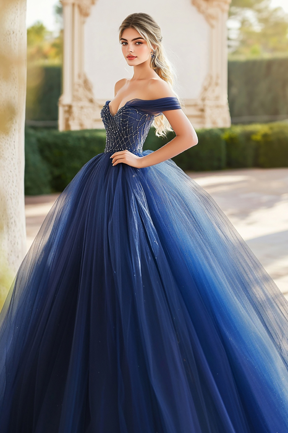 Navy Ball Gown Tulle Off the Shoulder Quinceanera Dress with Beading