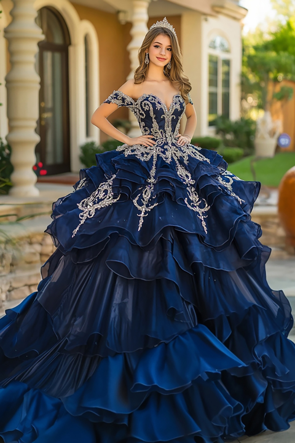 Navy Ball Gown Organza Tiered Off the Shoulder Quinceanera Dress with Appliques