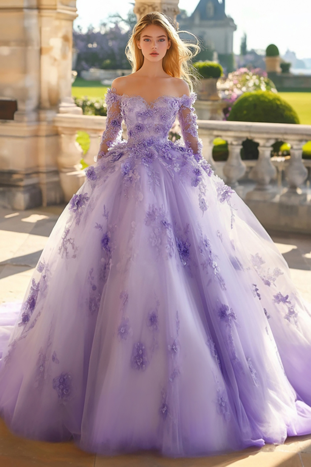 Lilac Floral Ball Gown Tulle Off the Shoulder Applique Quinceanera Dress with Long Sleeves