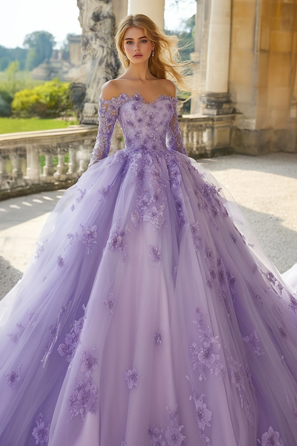 Lilac Off the Shoulder Ball Gown Tulle Long Sleeves Quinceanera Dress with Appliques