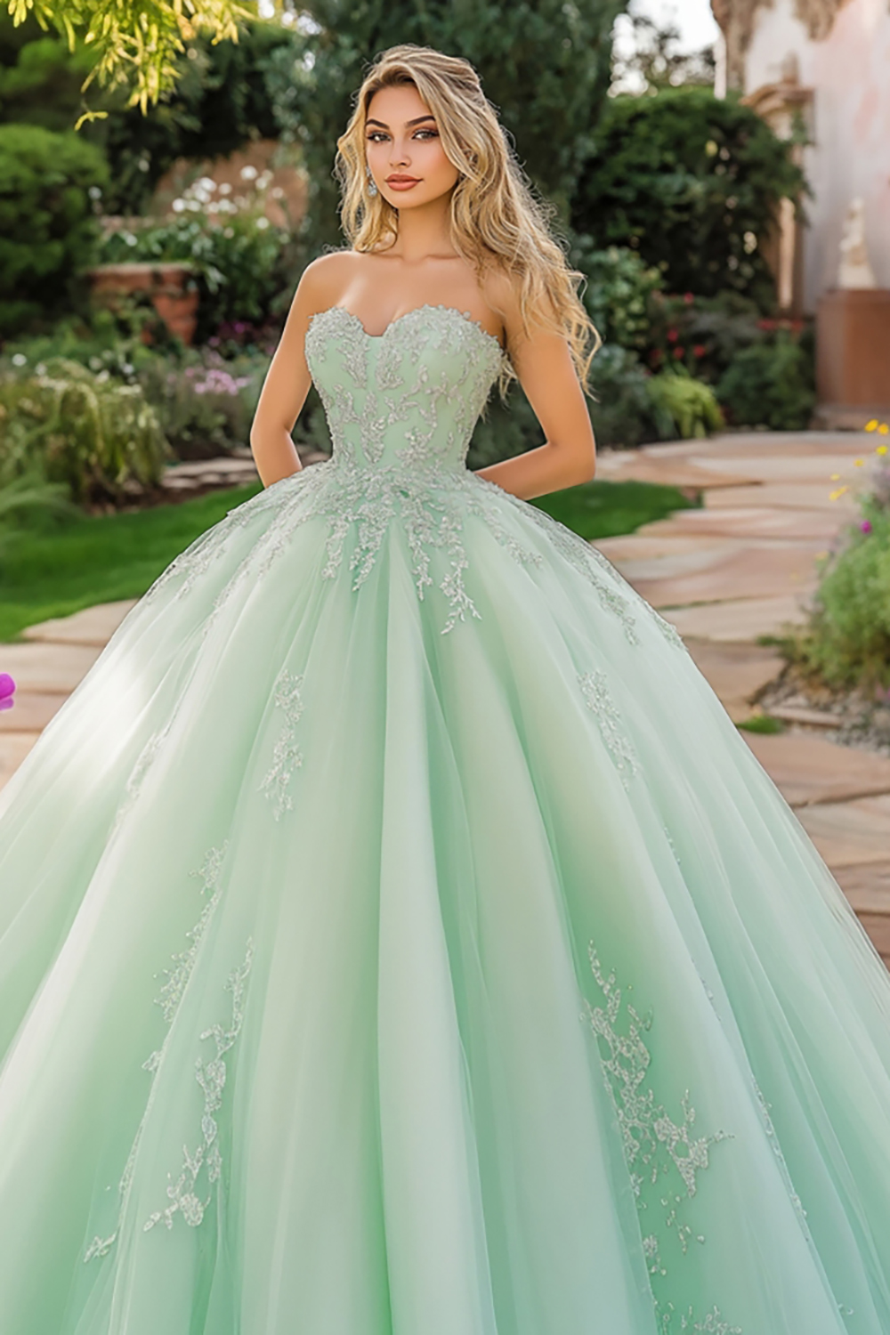 Mint Princess Sweetheart Tulle Quinceanera Dress with Appliques