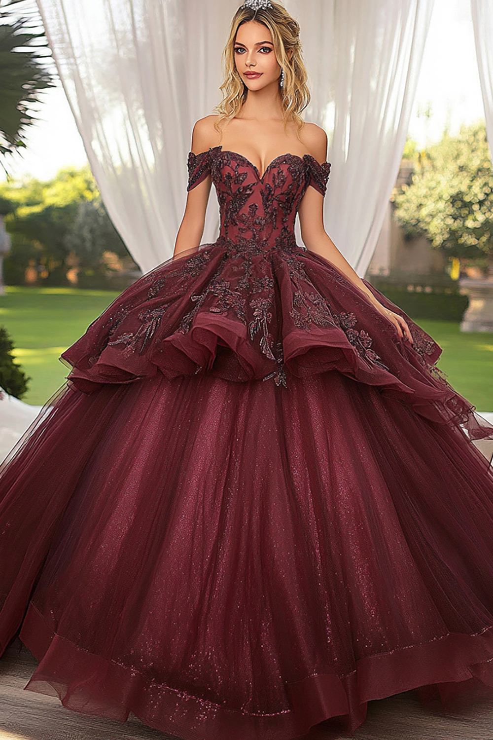 Burgundy Ball Gown Off the Shoulder Tulle Applique Quinceanera Dress