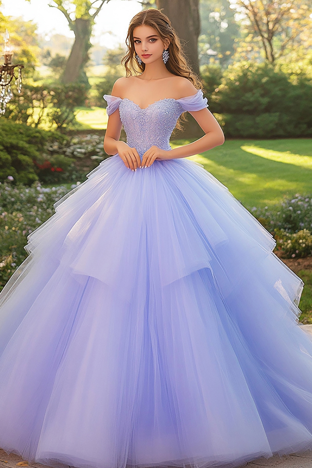 Elegant Lilac Off The Shoulder Princess Tulle Applique Quinceanera Dress