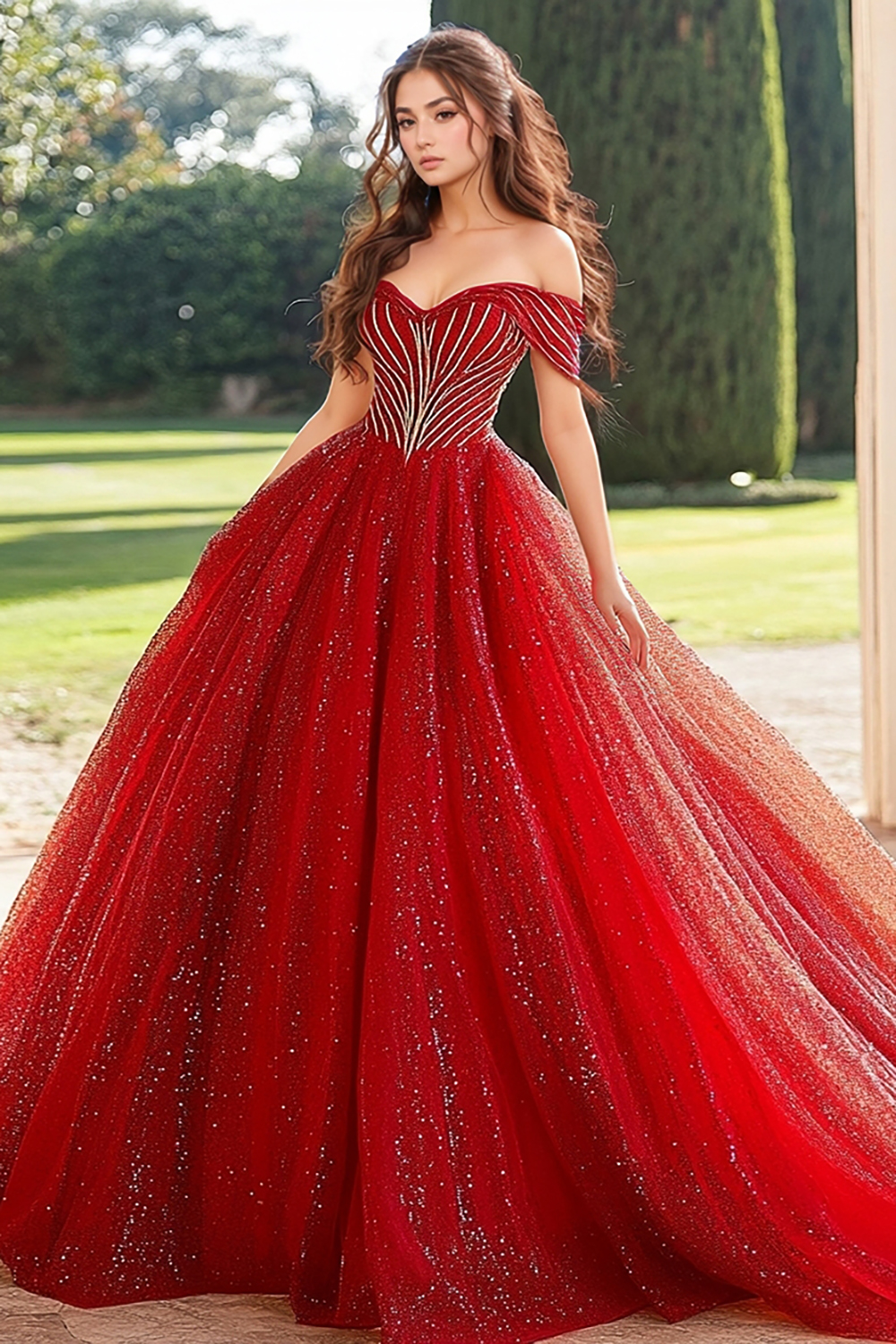 Graceful Red Off The Shoulder Princess Tulle Beading Quinceanera Dress