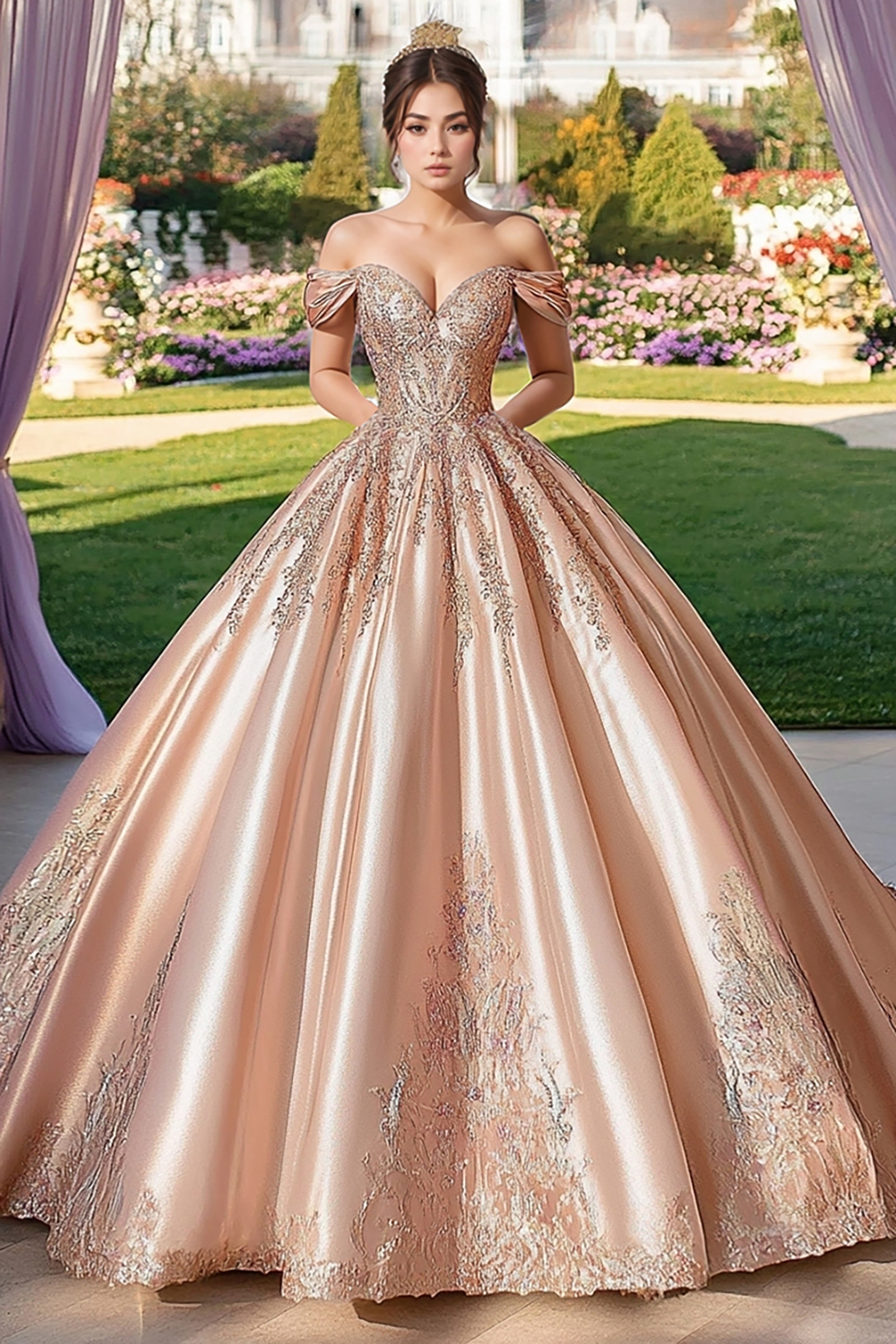 Graceful Champagne Off The Shoulder Princess Embroidery Quinceanera Dress
