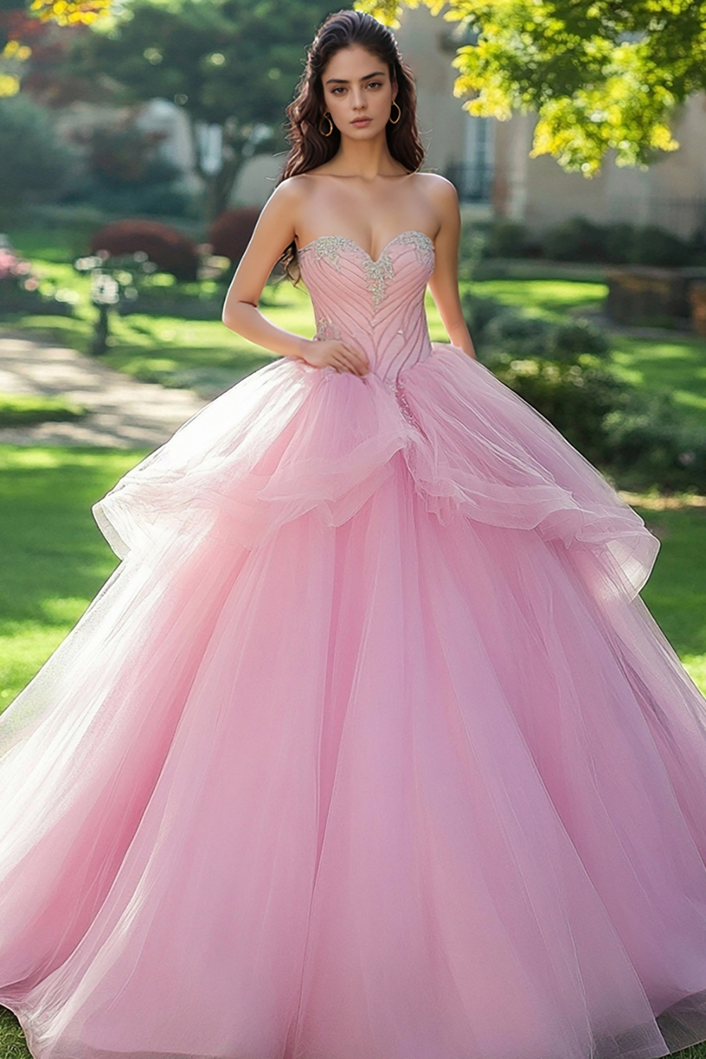 Graceful Pink Sweetheart Princess Tulle Quinceanera Dress With Ruffles