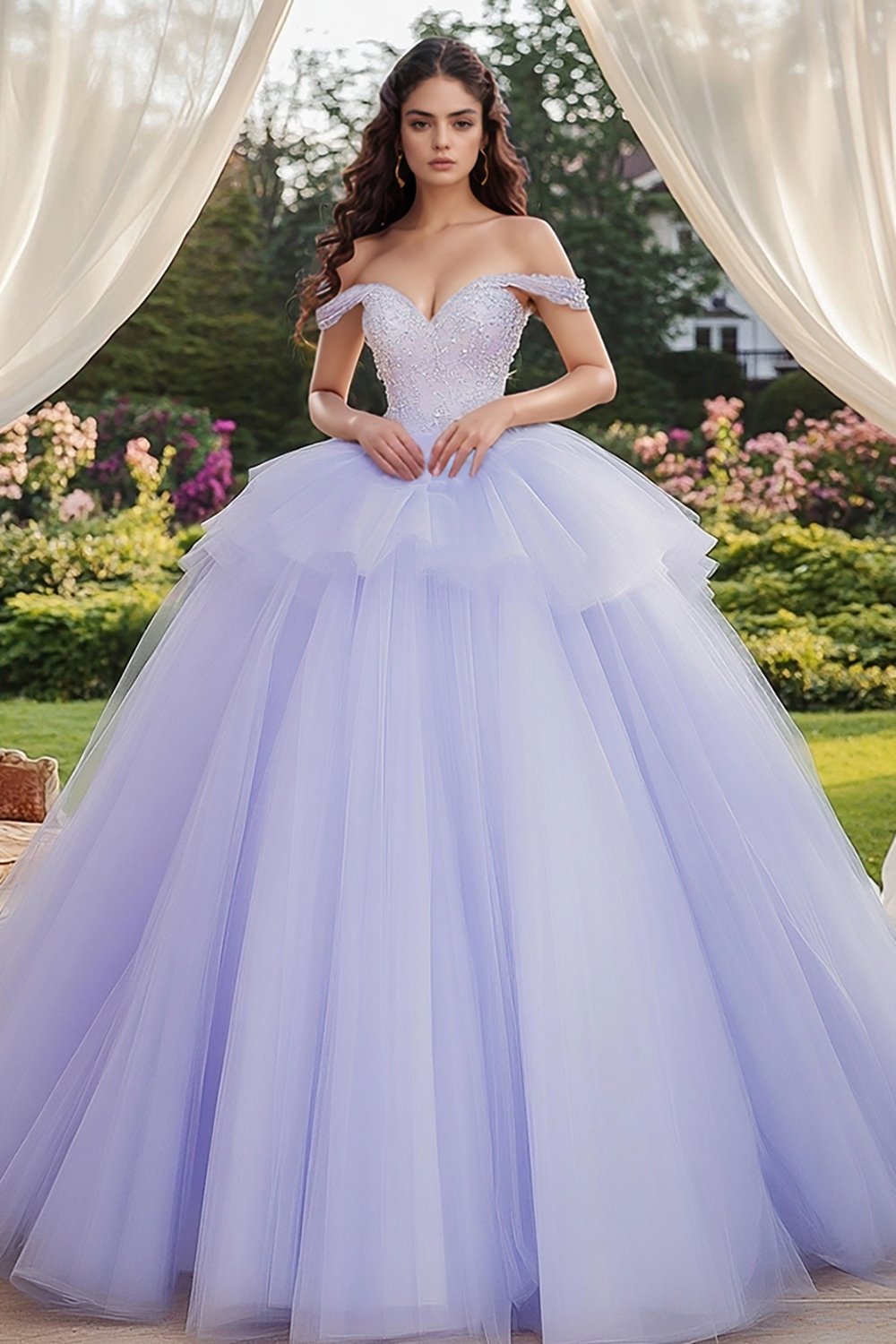 Elegant Lavender Strapless Princess Tulle Ruffles Quinceanera Dress