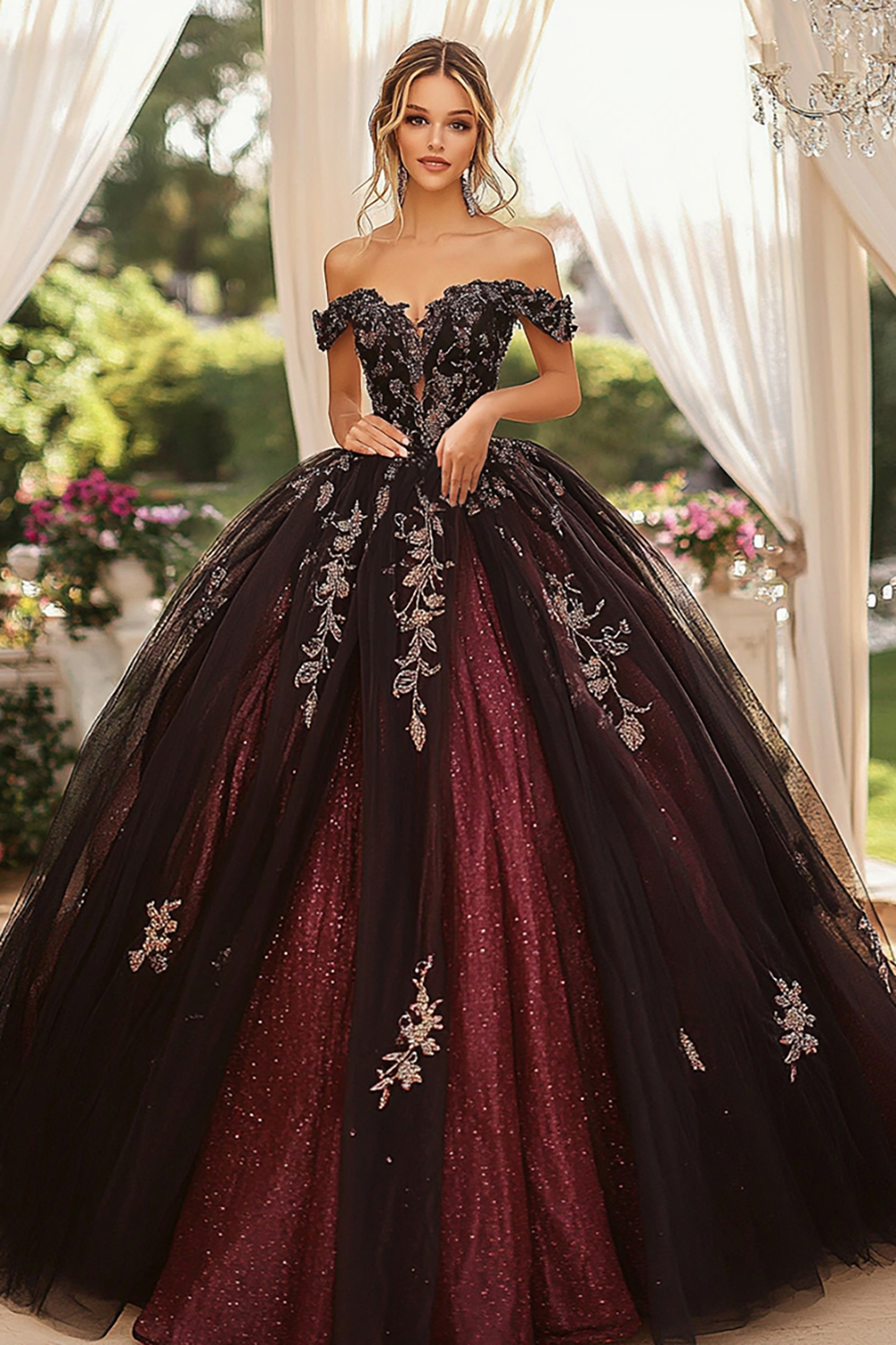 Elegant Burgundy Black Strapless Princess Tulle Lace Appliques Quinceanera Dress
