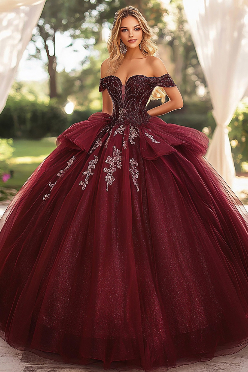 Elegant Burgundy Off The Shoulder Sweetheart Organza Lace Appliques Princess  Quinceanera Dress