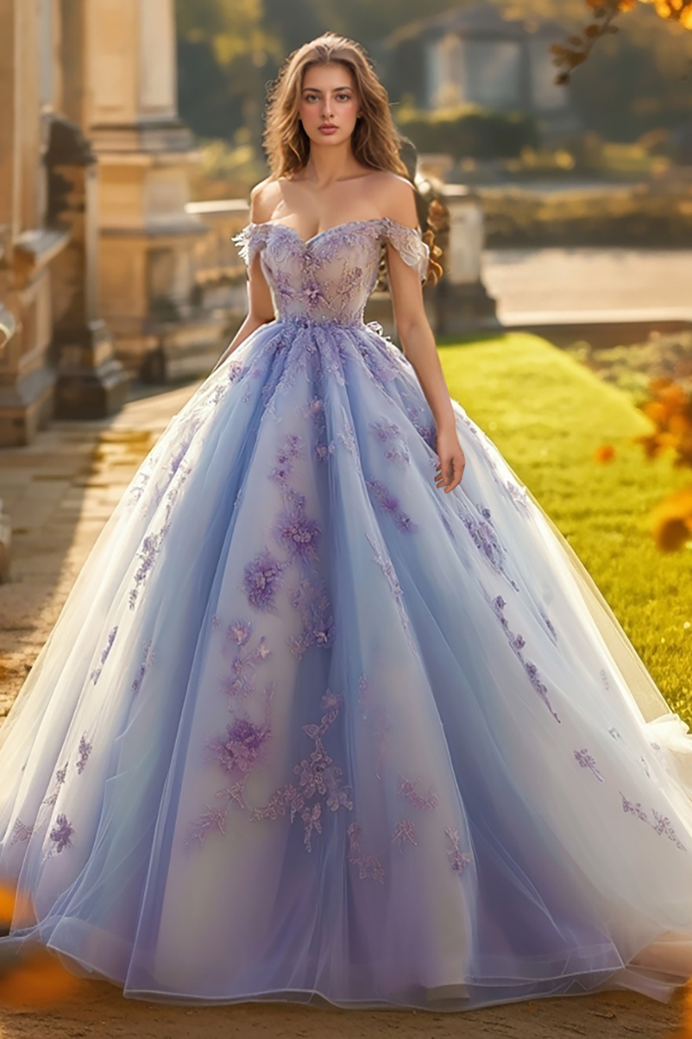 Lavender Off the Shoulder Ball Gown Tulle Applqiued Quinceanera Dress