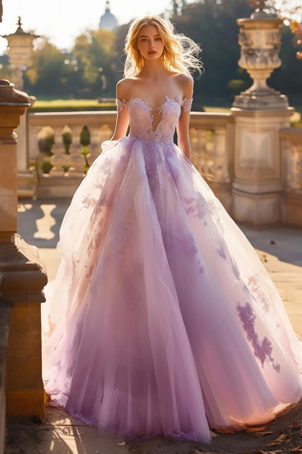 Chic Lilac Off the Shoulder Ball Gown Tulle Quinceanera Dress with Appliques