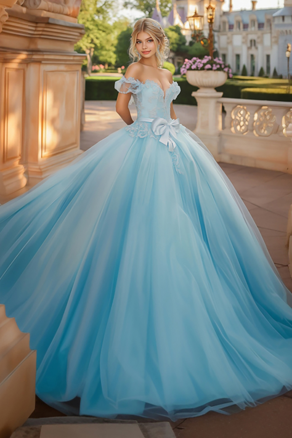 Sky Blue Off the Shoulder Puff Sleeves Ball Gown Tulle Appliqued Quinceanera Dress