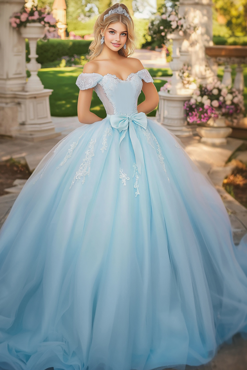 Sky Blue Off the Shoulder Ball Gown Tulle Appliqued Quinceanera Dress with Bow