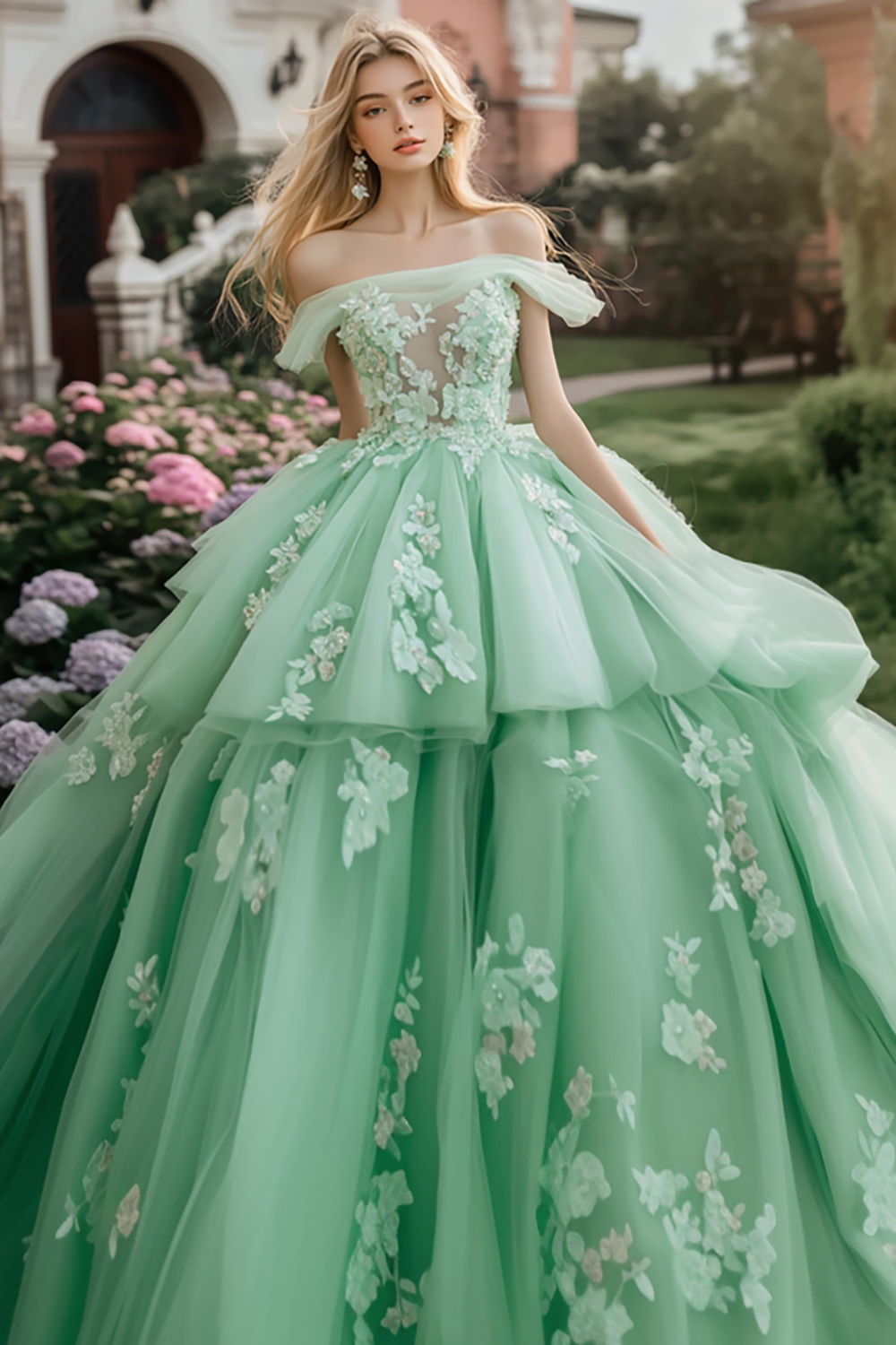 Mint Green Off the Shoulder Ball Gown Tulle Tiered Applique Quinceanera Dress