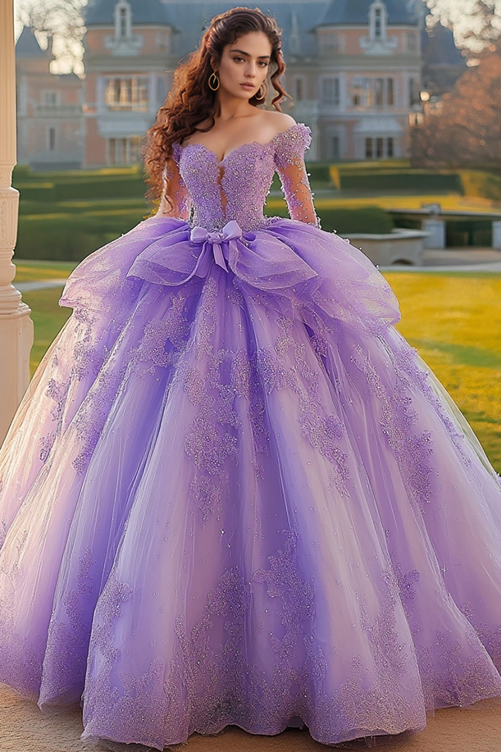 Lilac Off the Shoulder Long Sleeves Ball Gown Tulle Applique Quinceanera Dress