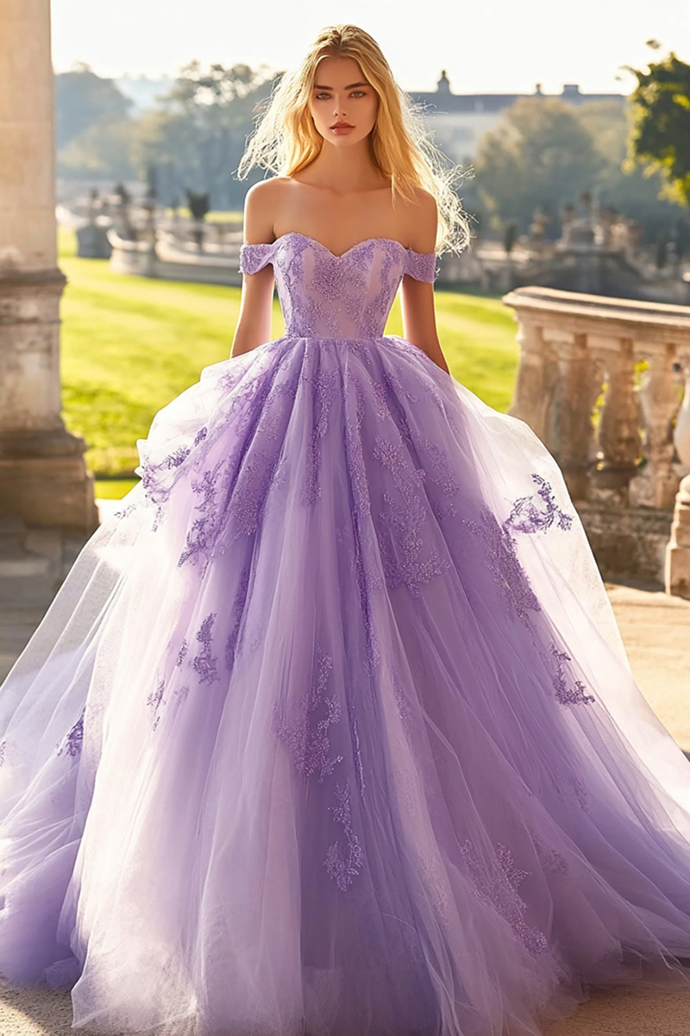 Stylish Lilac Off the Shoulder Ball Gown Tulle Applique Quinceanera Dress