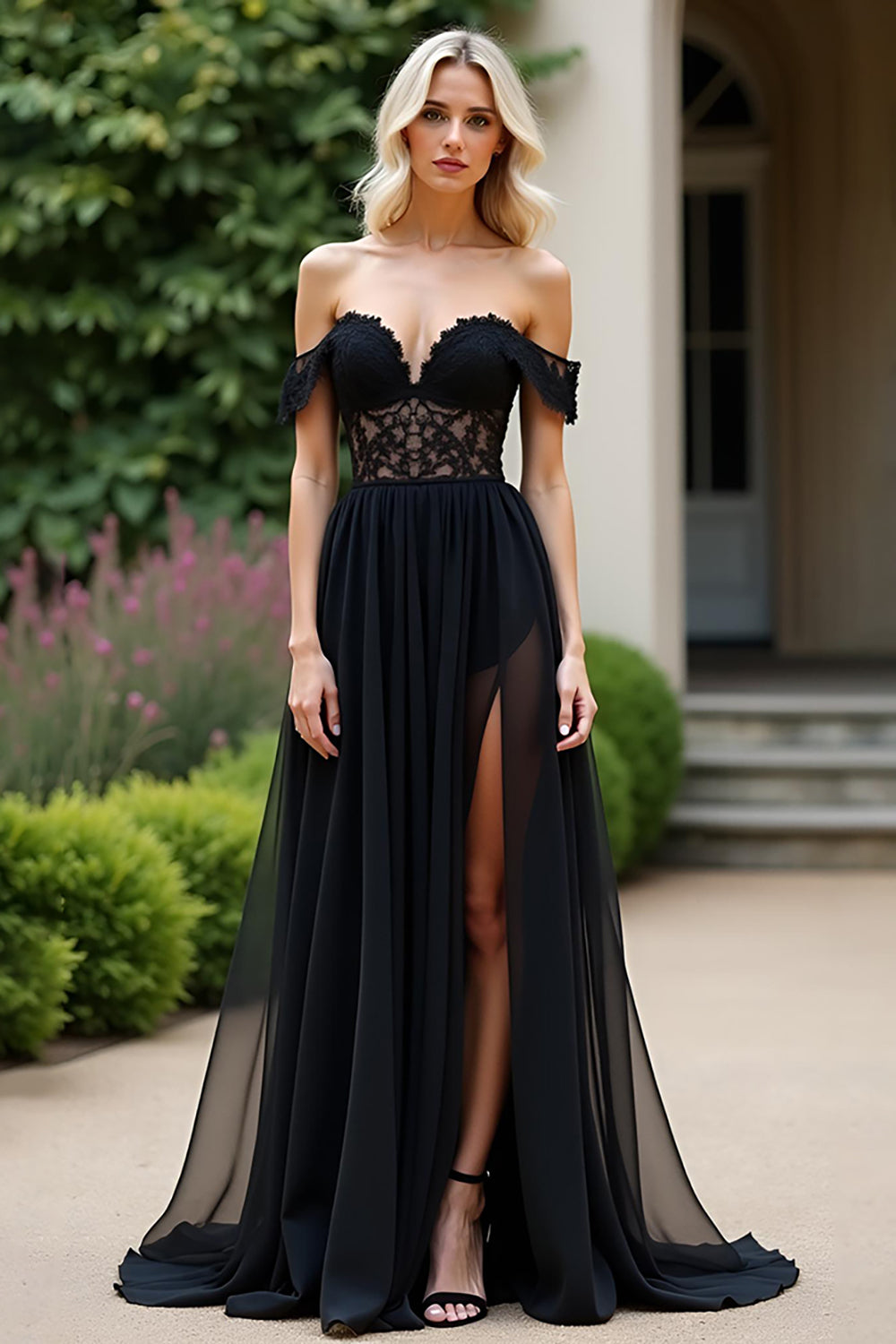 Black A Line Lace Appliques Prom Dress with Slit