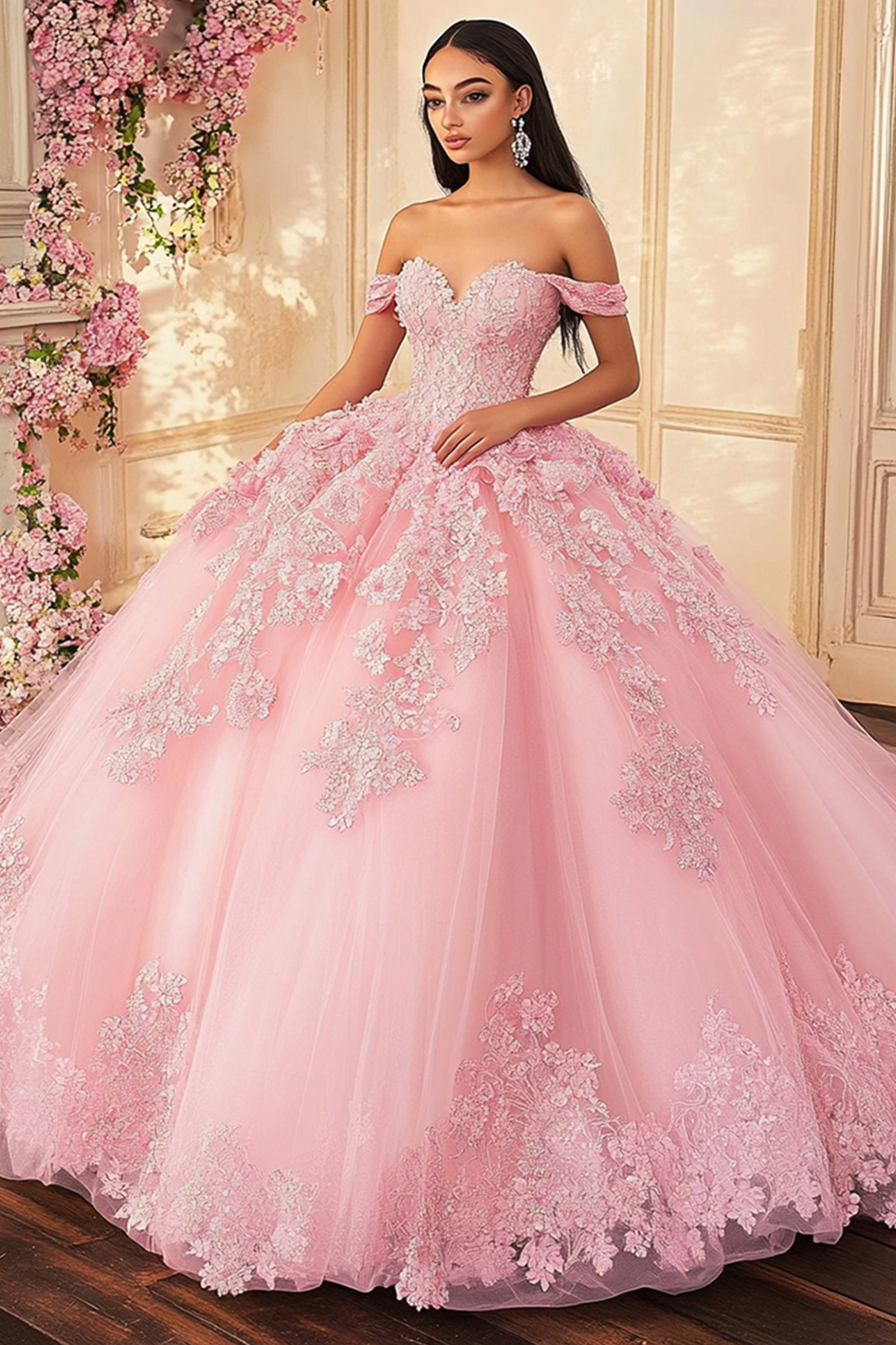 Off the Shoulder Pink Applique Ball Gown Tulle Quinceanera Dress