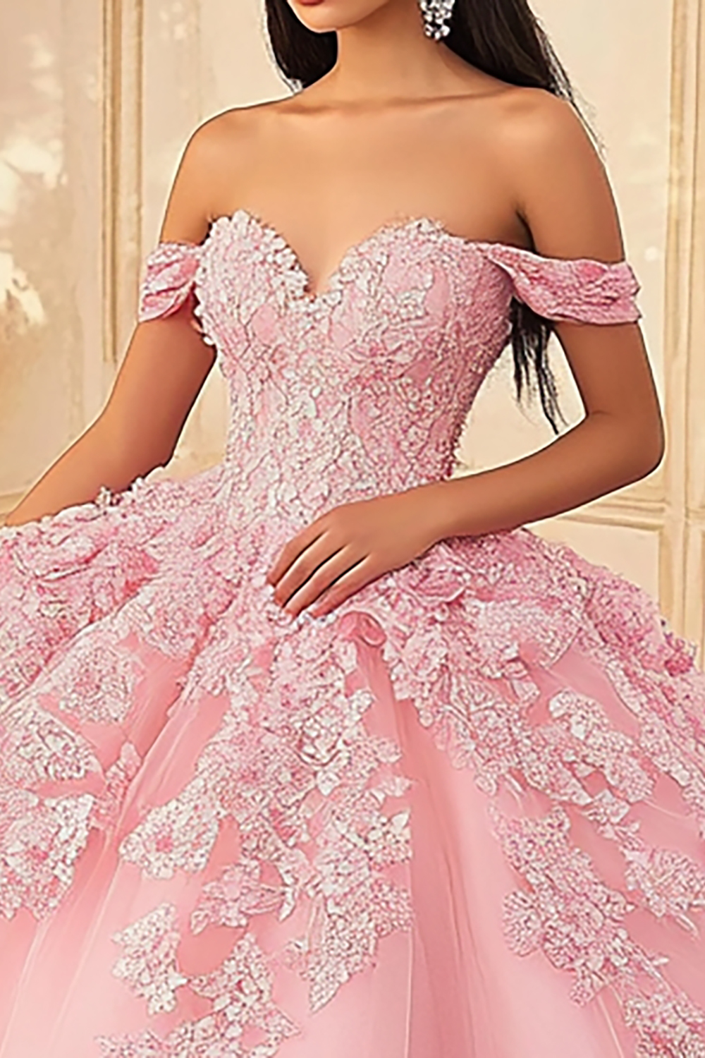 Off the Shoulder Pink Applique Ball Gown Tulle Quinceanera Dress