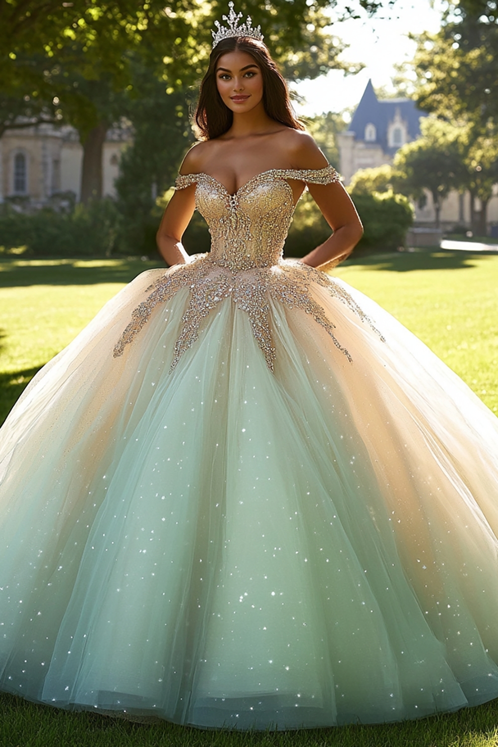 Sparkly Champagne Off the Shoulder Princess Applique Sequin Tulle Quinceanera Dress