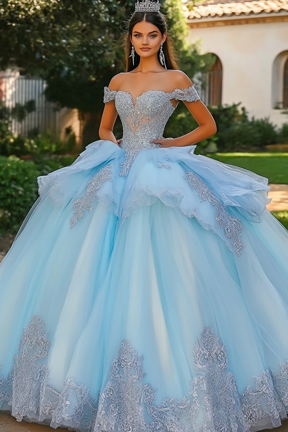 Sky Blue Off the Shoulder Ball Gown Applique Tulle Quinceanera Dress