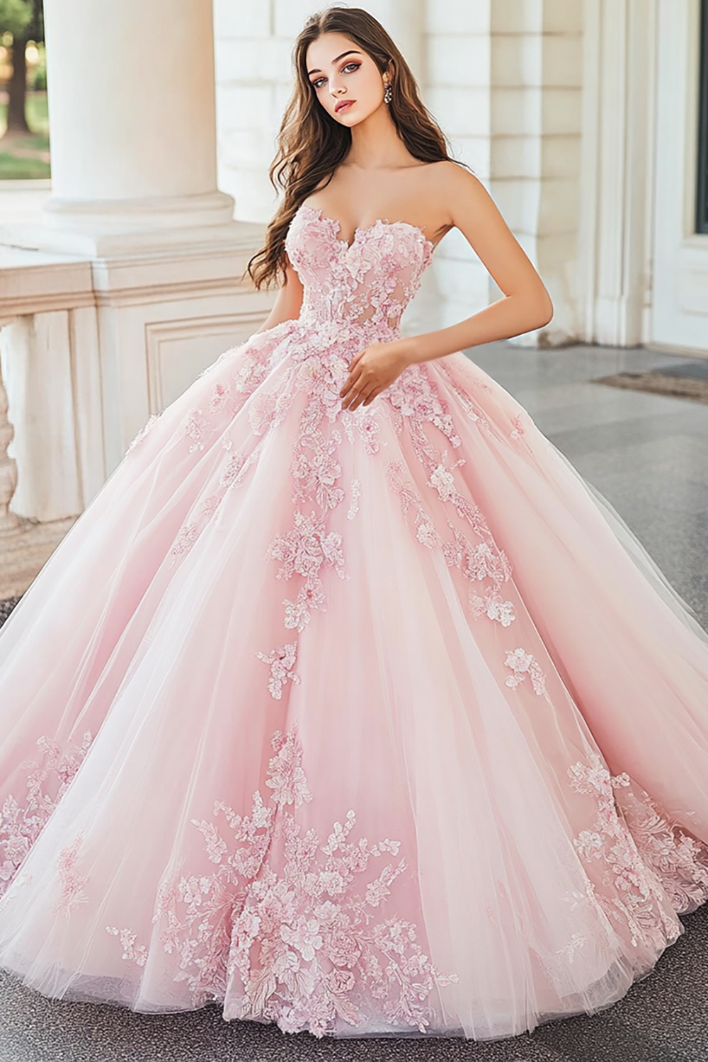Pink Sweetheart Ball Gown Applique Tulle Quinceanera Dress