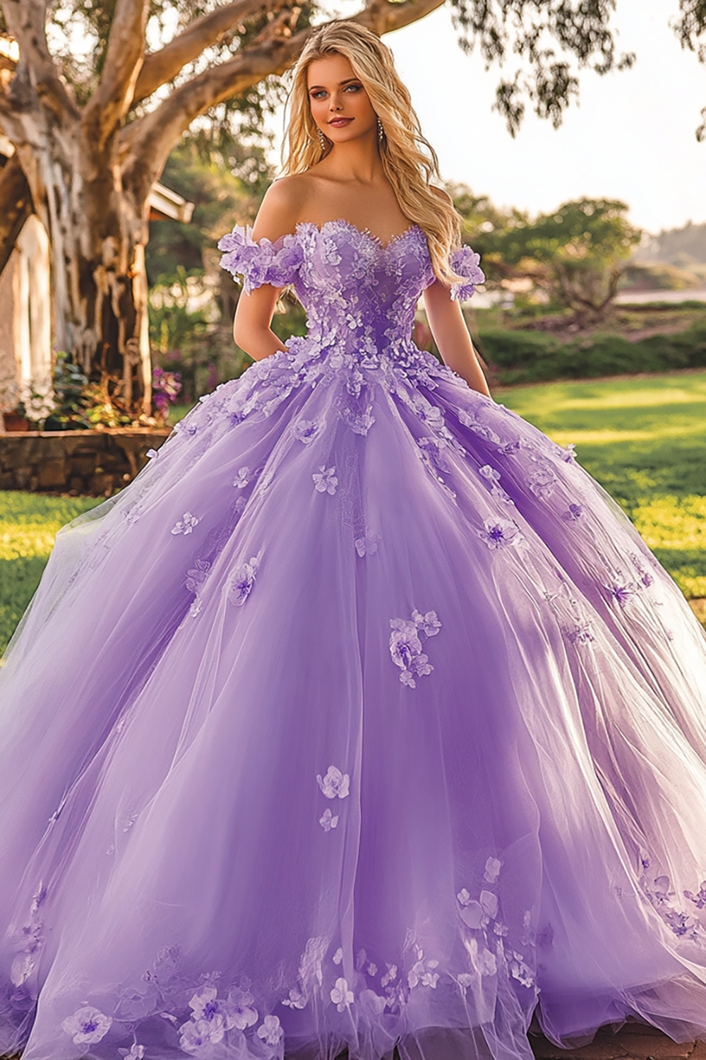 Plum Floral Off the Shoulder Princess Applique Tulle Quinceanera Dress