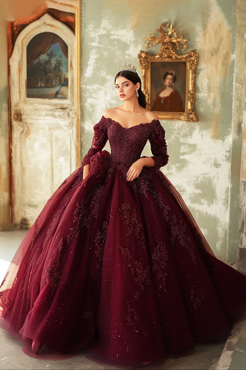 Sparkly Burgundy Off the Shoulder Princess Sequin Applique Tulle Quinceanera Dress with Long Sleeves