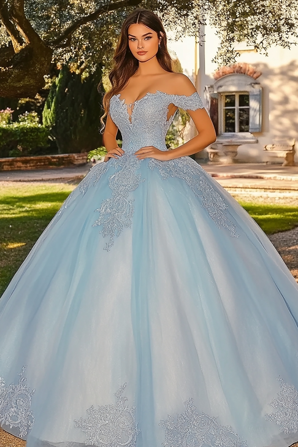 Sky Blue Off the Shoulder Applique Princess Tulle Quinceanera Dress