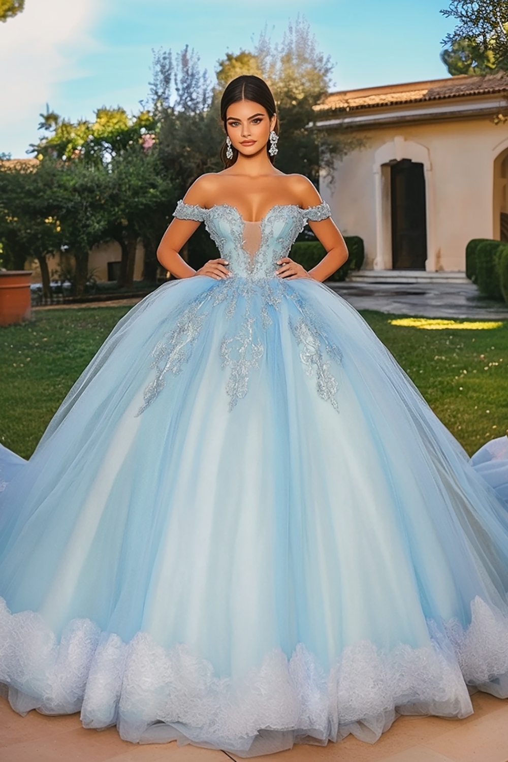 Sky Blue Off the Shoulder Applique Ball Gown Tulle Quinceanera Dress