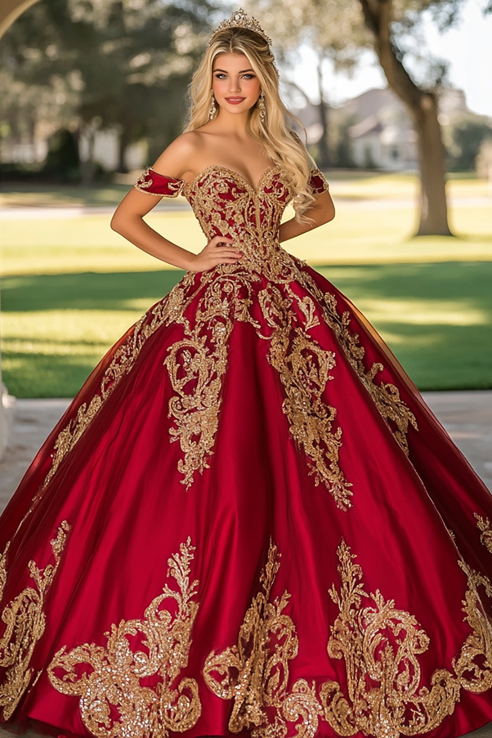 Red Off the Shoulder Applique Ball Gown Satin Quinceanera Dress