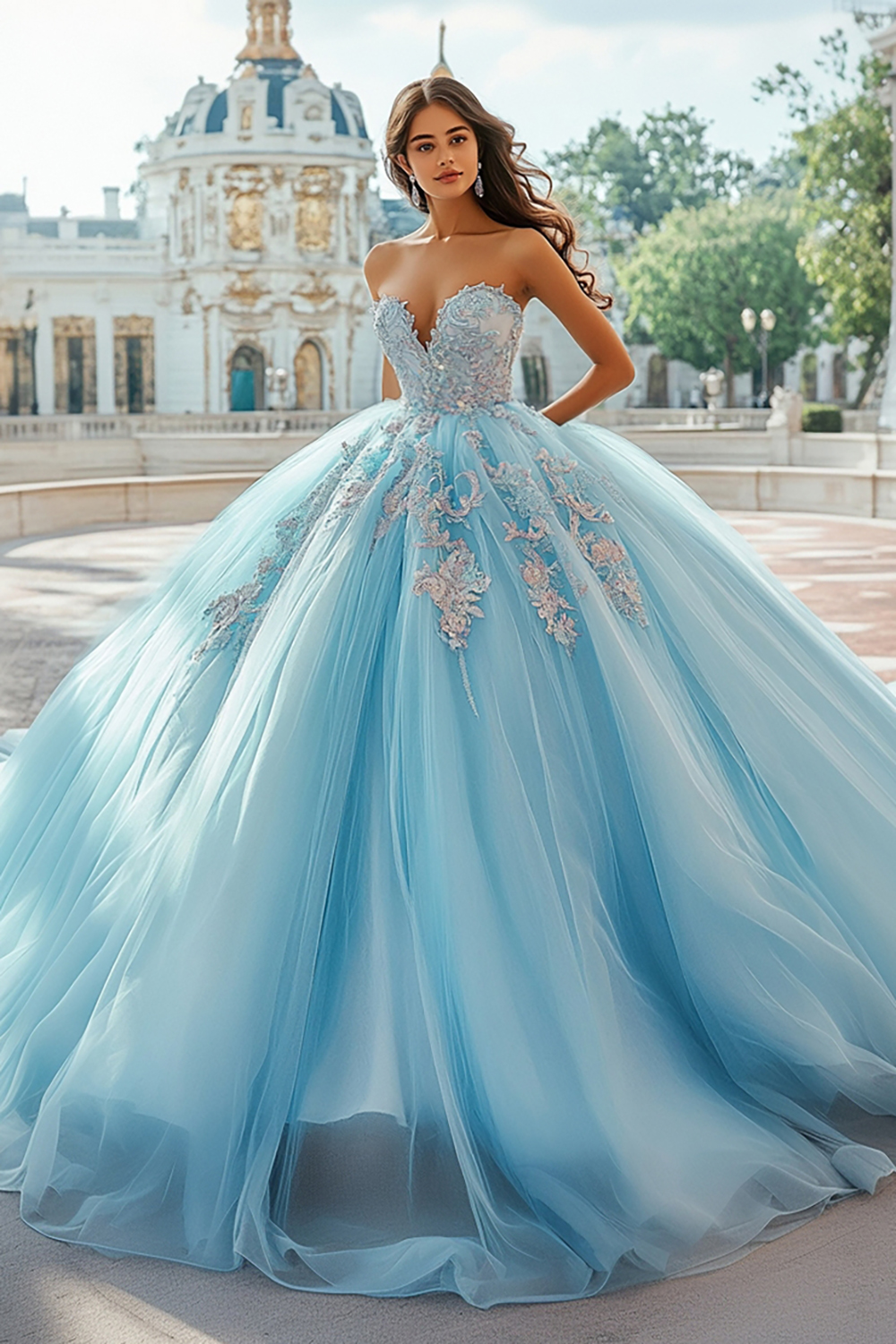 Sky Blue Ball Gown Sweetheart Applique Tulle Quinceanera Dress