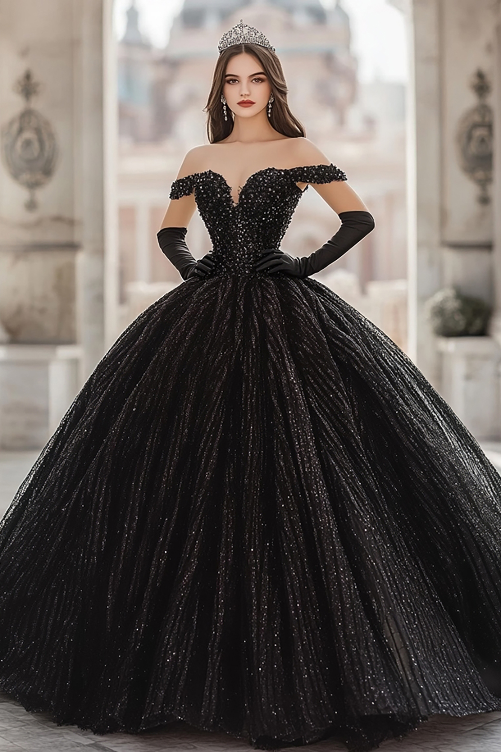 Sparkly Black Sequin Ball Gown Off the Shoulder Quinceanera Dress