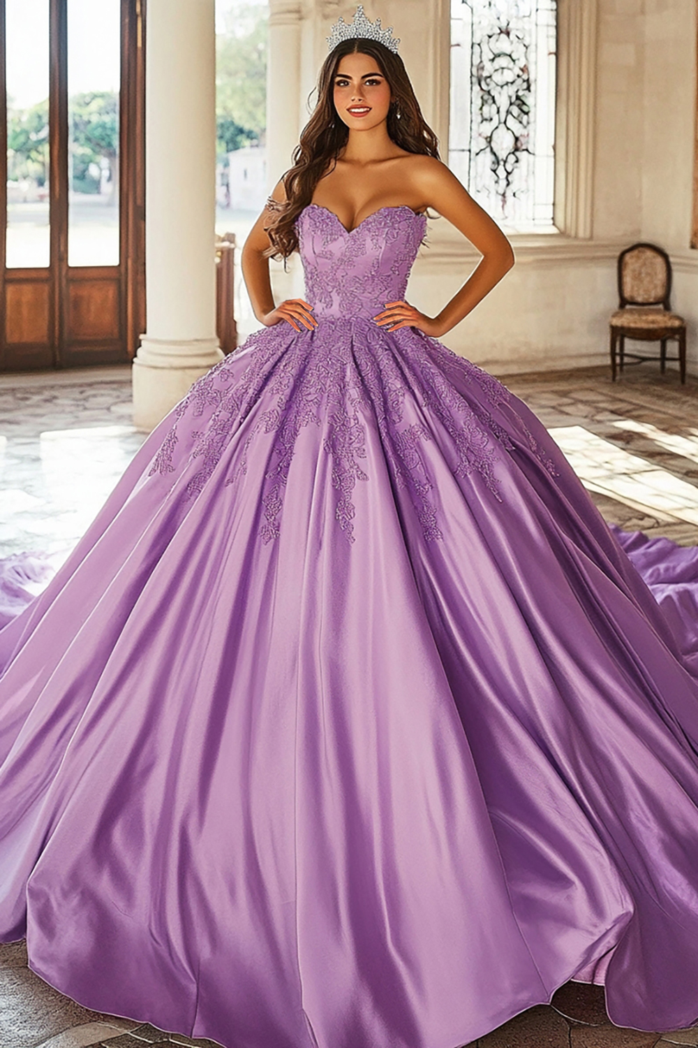 Graceful Purple Ball Gown Strapless Quinceanera Dress With Lace Appliques