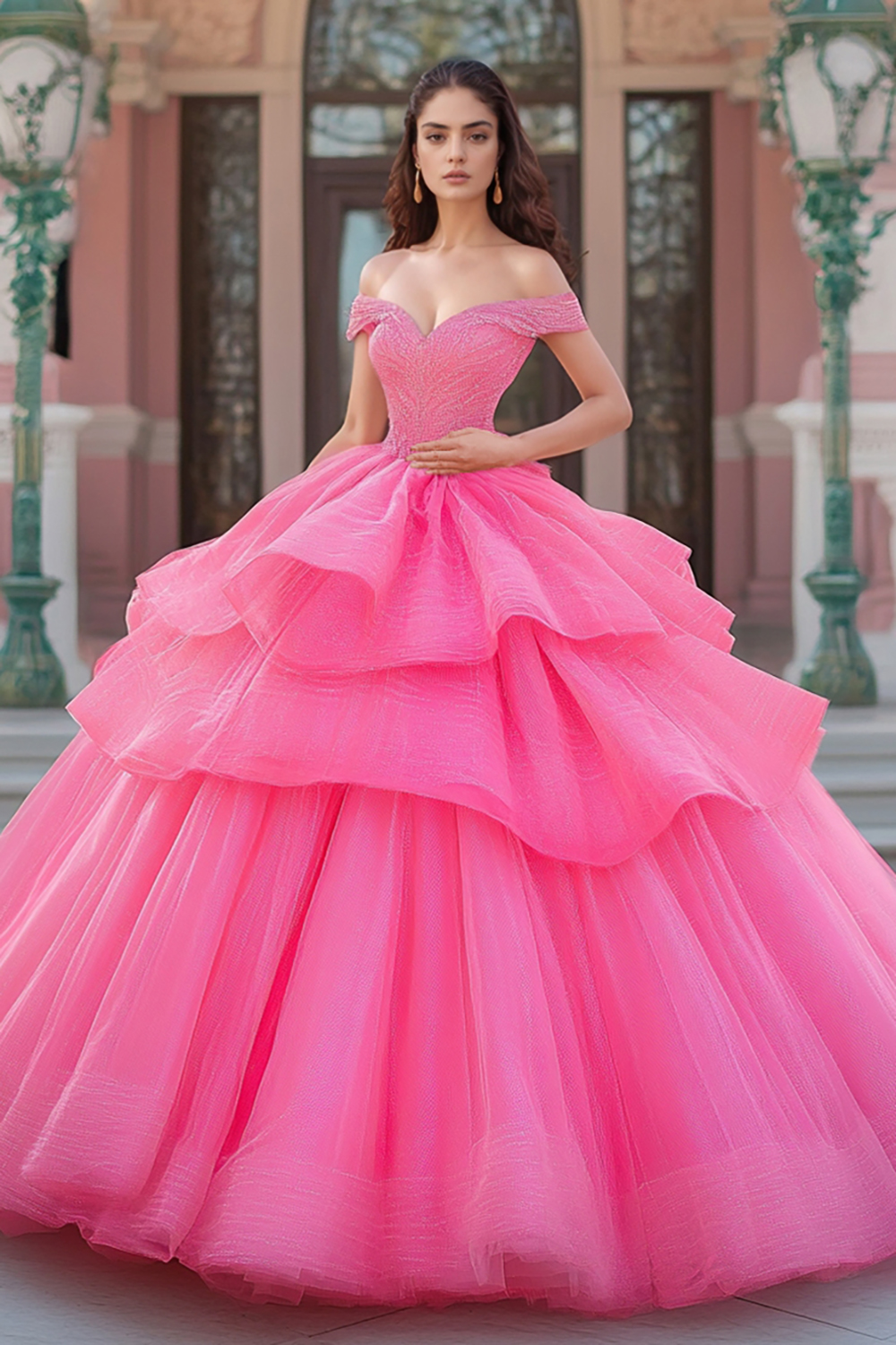 Graceful  Fuchsia Ball Gown Off The Shoulder Tulle Quinceanera Dress With Lace Appliques