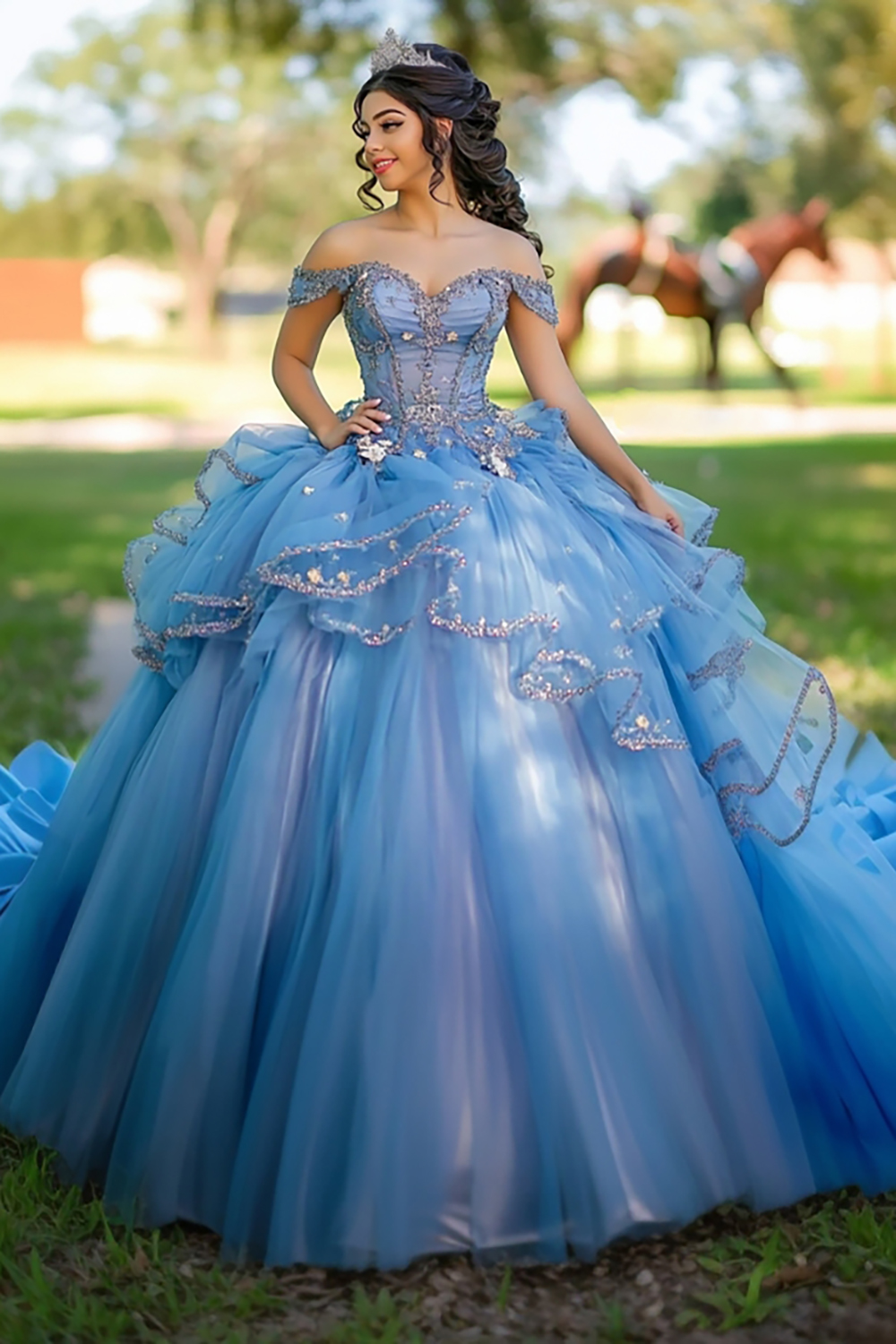 Graceful Blue Ball Gown Off The Shoulder Lace Appliques Quinceanera Dress With Ruffles