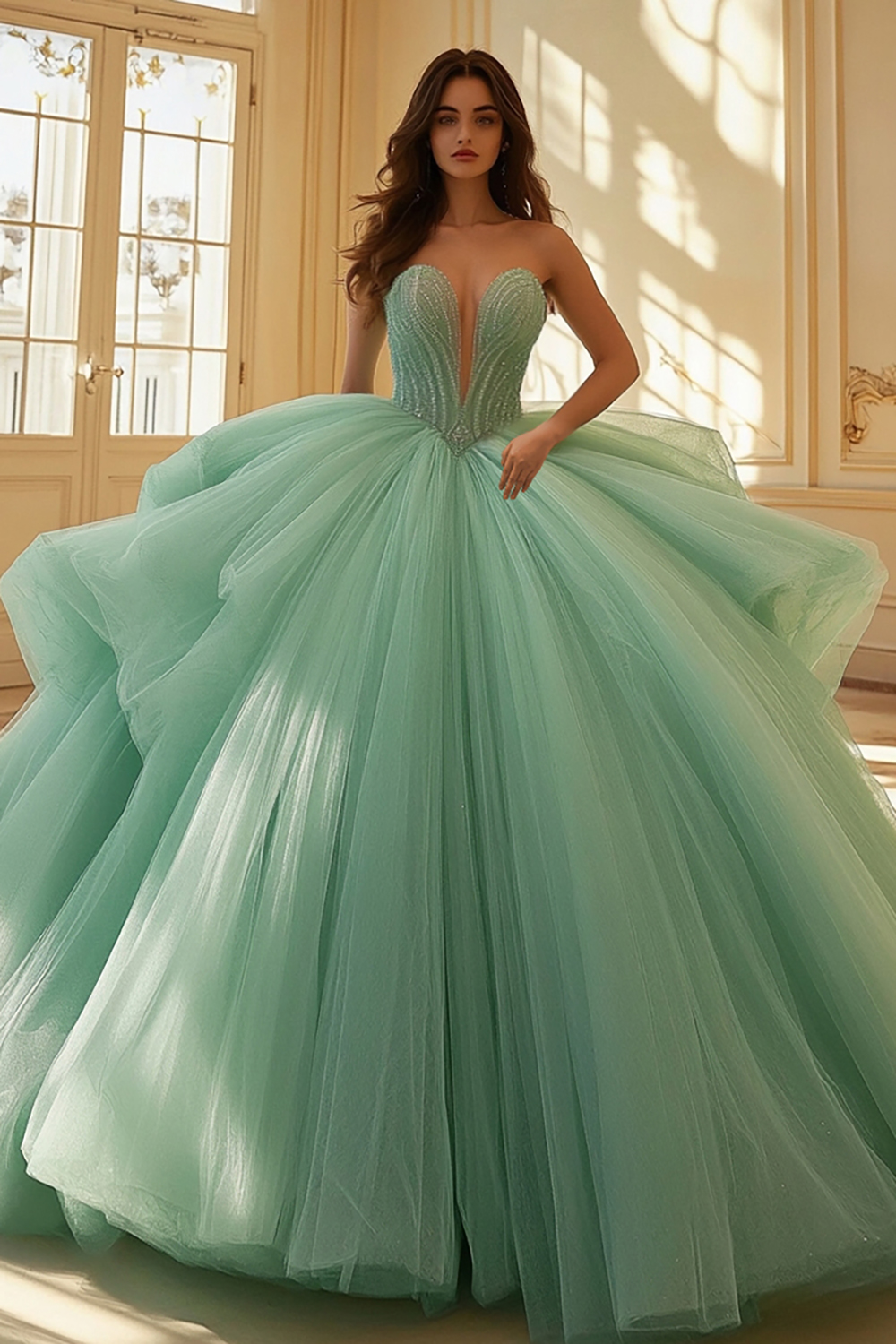 Graceful Mint Ball Gown Strapless Tulle Quinceanera Dress With Appliques