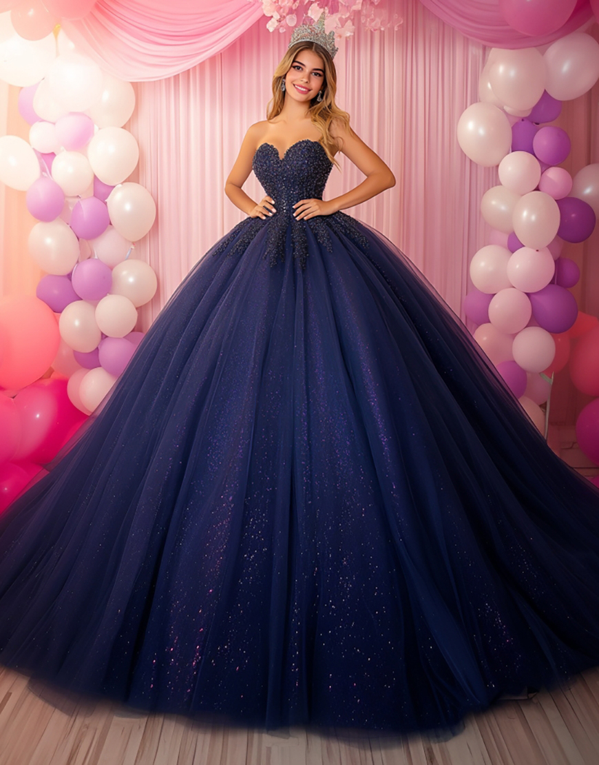 Glitter Navy Ball Gown Sweetheart Sequin Tulle Quinceanera Dress with Appliques