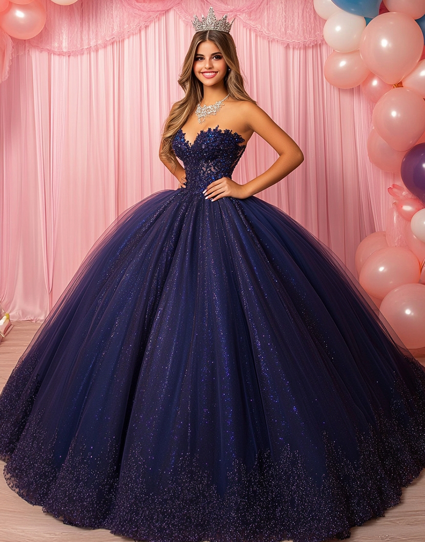 Sparkly Navy Princess Sweetheart Sequin Quinceanera Dress with Appliques