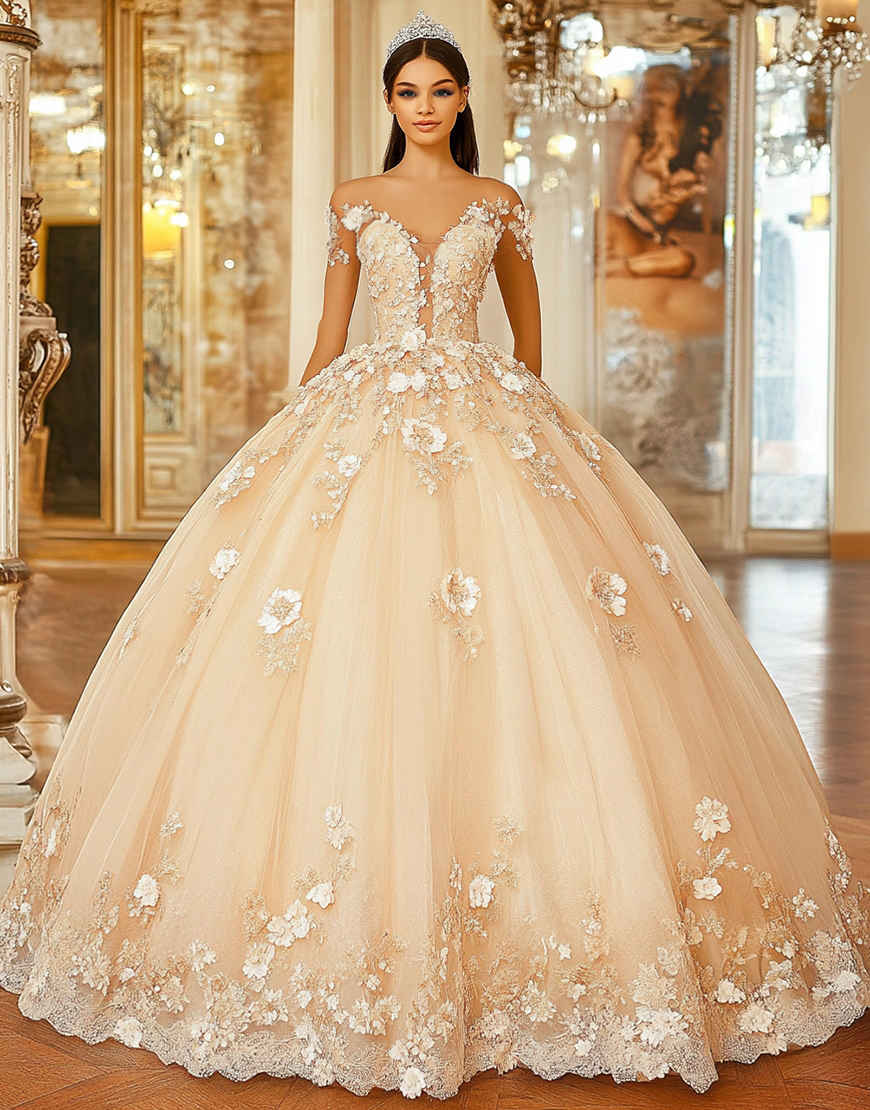 Champagne Floral Off the Shoulder Princess Applique Quinceanera Dress