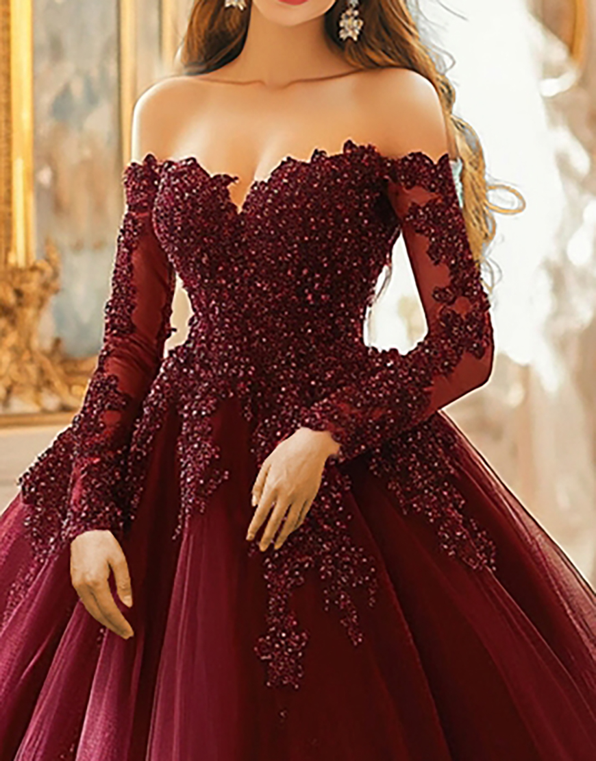 Burgundy Off the Shoulder Princess Applique Tulle Quinceanera Dress with Long Sleeves